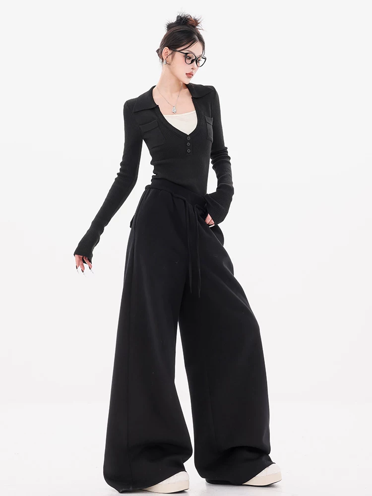 ABWEAR tin tức thời trang-quần dài thường ngày lưng thun màu đen phong cách Mỹ thu đông dành cho nữ 2025 quần thể thao ống rộng