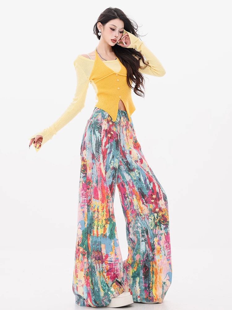 Quần jeans nữ ABWEAR họa tiết màu sơn gốc, họa tiết bắn mực, tranh sơn dầu, mùa thu/đông 2025, kiểu dáng ống rộng