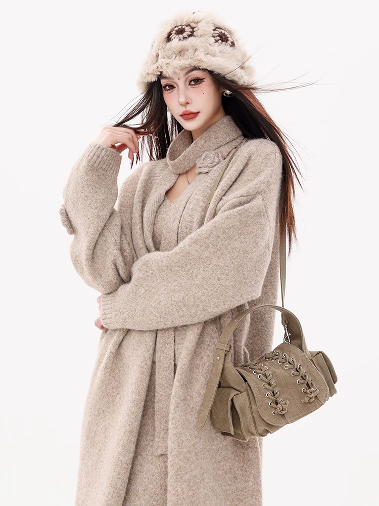 Túi xách nữ đa năng phong cách hoang tàn nguyên bản của ABWEAR, túi đeo vai đi làm thiết kế dây buộc năm 2024