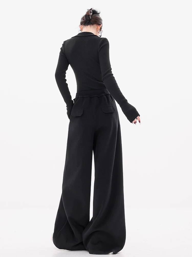 ABWEAR tin tức thời trang-quần dài thường ngày lưng thun màu đen phong cách Mỹ thu đông dành cho nữ 2025 quần thể thao ống rộng