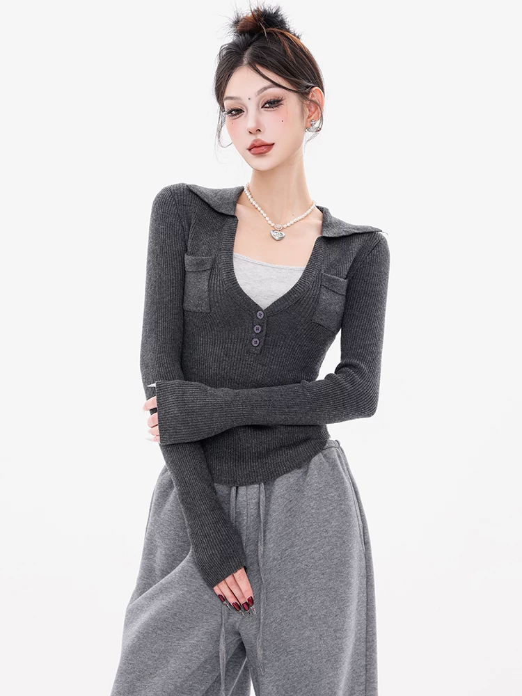 Áo len dệt kim giả hai mảnh cổ chữ V nguyên bản của ABWEAR dành cho nữ mùa thu đông 2024 mới kiểu dáng ôm vừa vặn đa năng