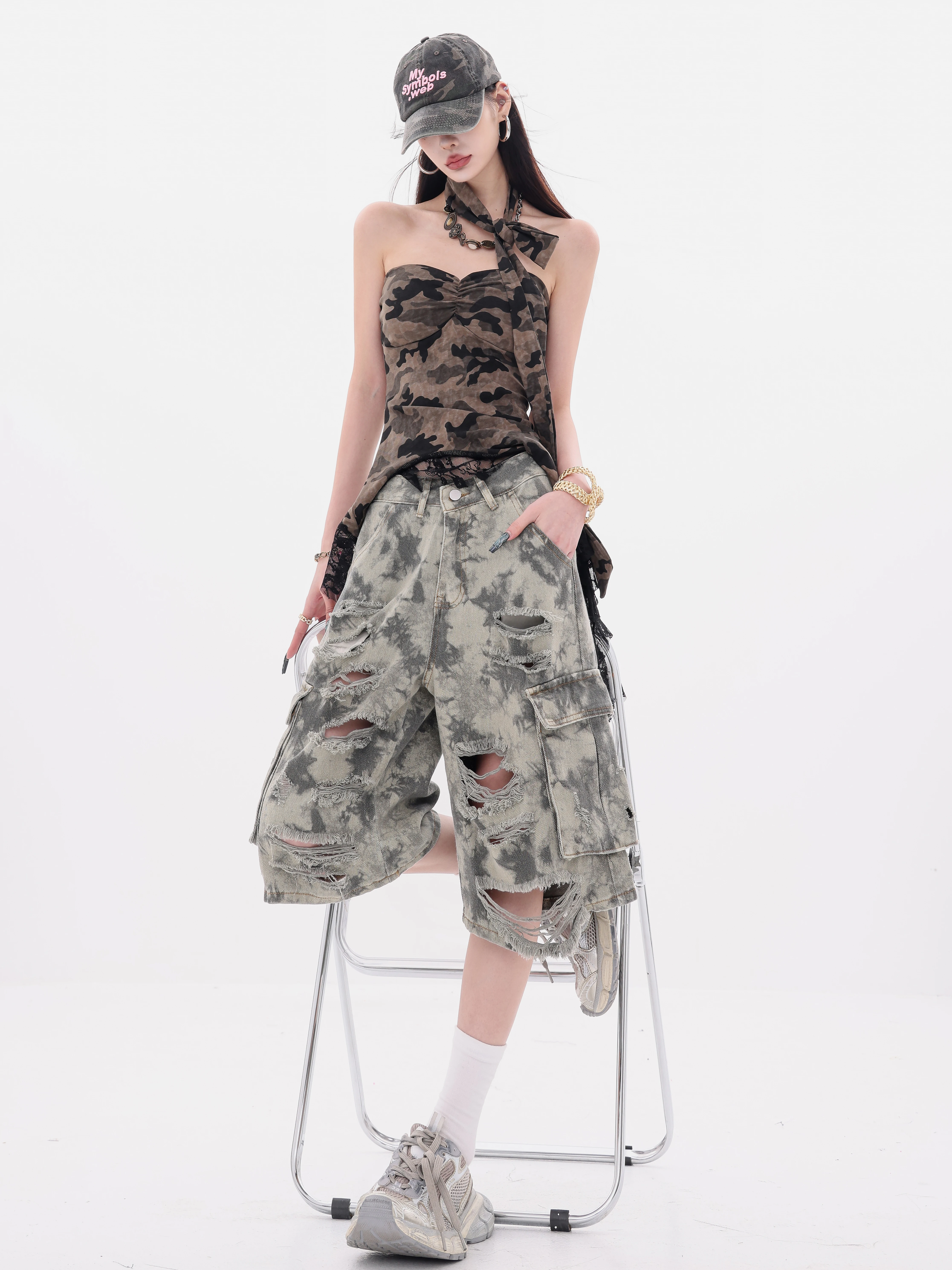 ABWEAR Wild Return - Quần short denim ống rộng họa tiết ngụy trang nguyên bản dành cho nữ, quần short năm điểm dáng rộng vừa vặn