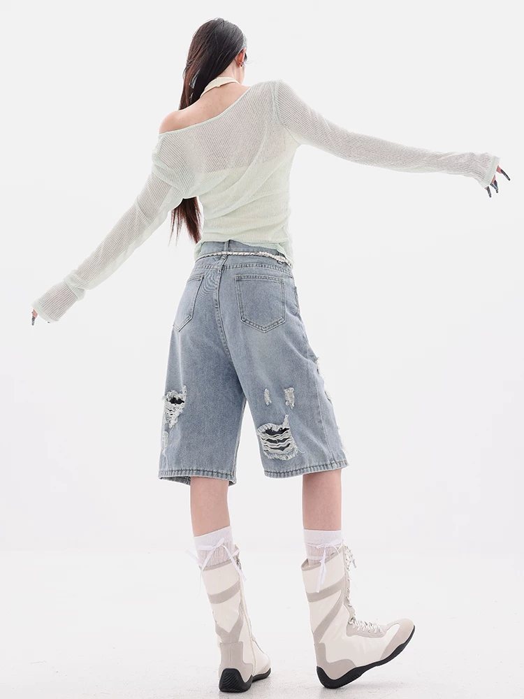 ABWEAR Tropical Highway-Original Summer retro Blue Ripped Jeans Quần short dáng rộng mới dành cho nữ năm 2025