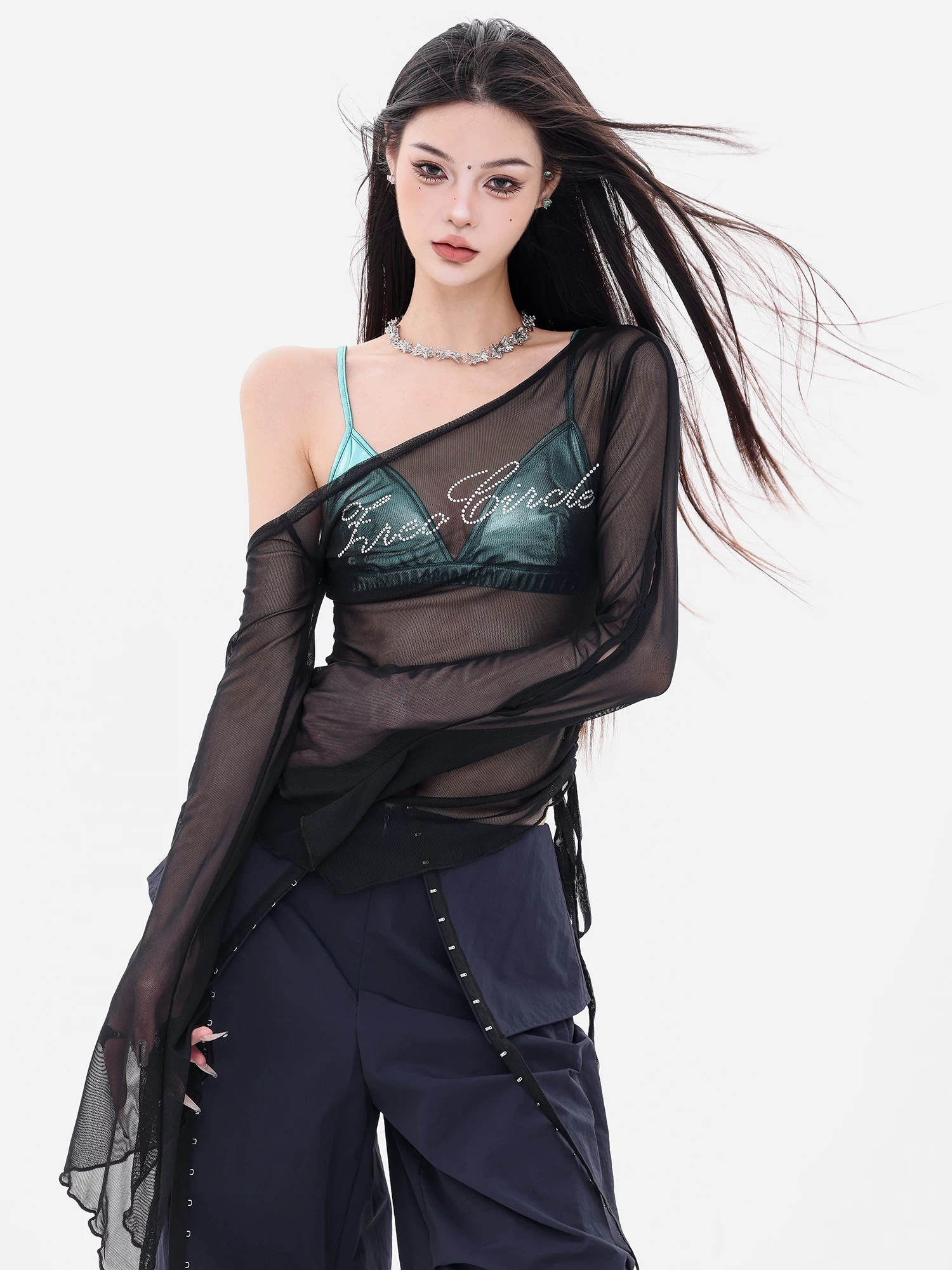 ABWEAR Flashback Millennium - Áo thun dài tay lưới xuyên thấu kiểu dáng hot girl nguyên bản Áo thun dài tay ôm vừa vặn dành cho nữ