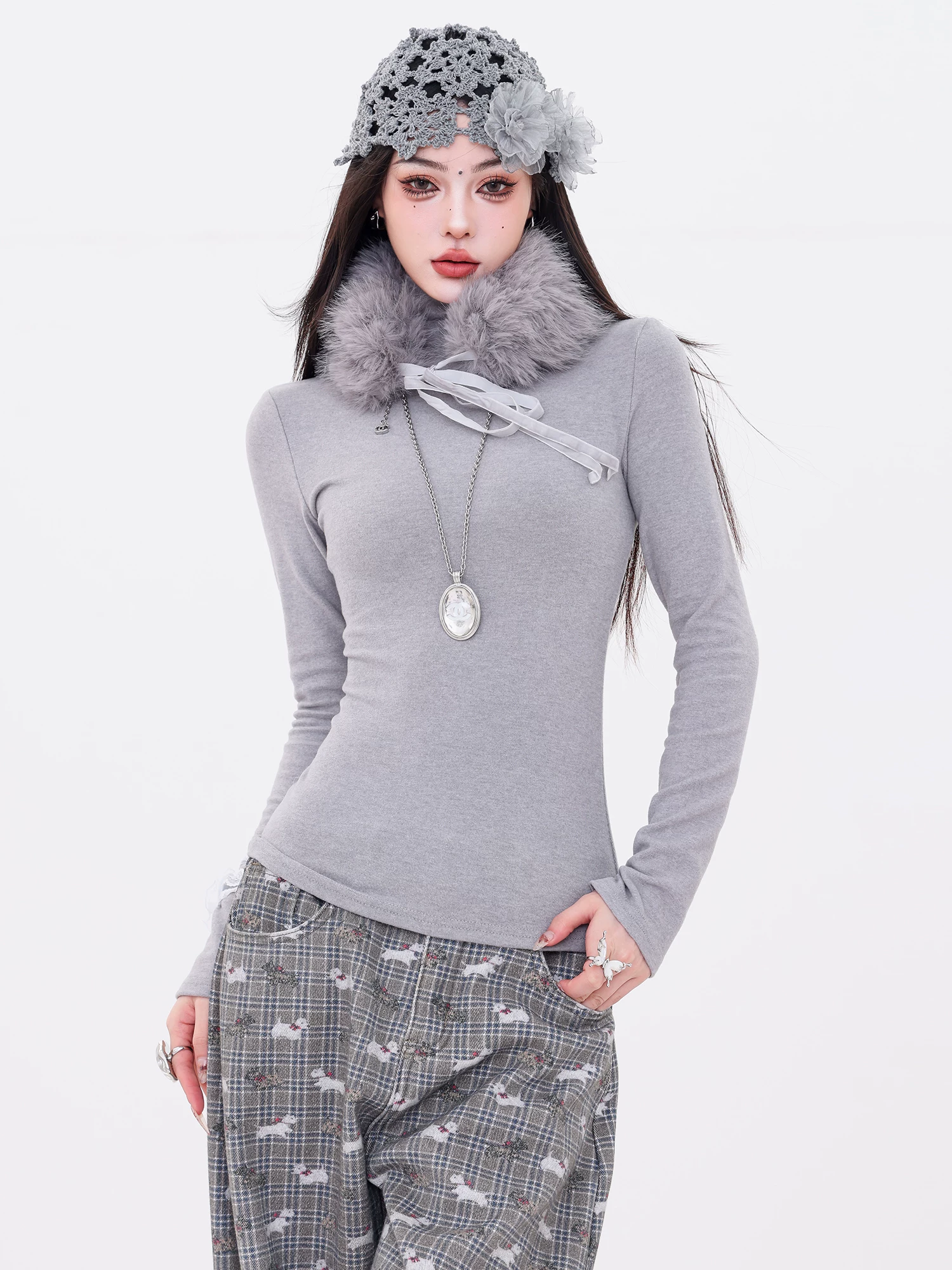 ABWLR Winter Elf - Áo len dệt kim dài tay có cổ lông thú nguyên bản dành cho nữ, áo sơ mi cơ bản ôm eo vừa vặn