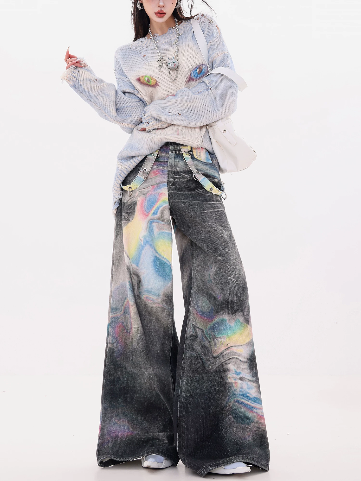 ABWLR Color Fantasy - Quần jean ống rộng màu gradient nguyên bản dành cho nữ, phong cách mùa thu mới, quần dài ống thẳng dáng rộng