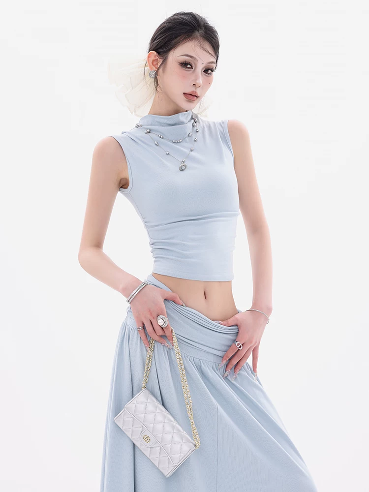 ABWEAR Summer Peach - Bộ hai mảnh áo không tay kiểu Hàn Quốc nguyên bản với váy ôm eo ôm hông dành cho nữ