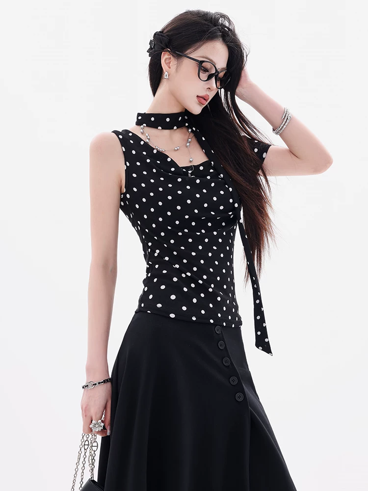 ABWEAR Tipsy Moment - Áo thun ngắn tay in họa tiết chấm đen nguyên bản dành cho nữ, áo ống ôm vừa vặn, trễ vai