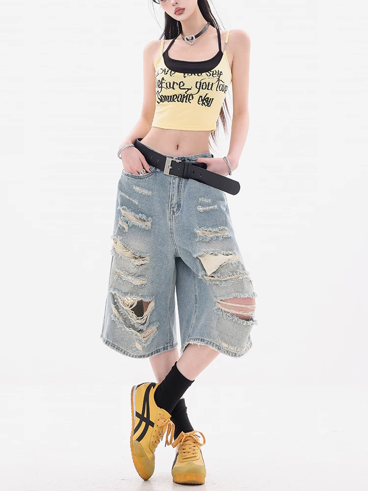 ABWEAR Street Summer - Quần short denim thiết kế theo phong cách đường phố Mỹ nguyên bản dành cho nữ, quần short năm điểm dáng rộng vừa vặn