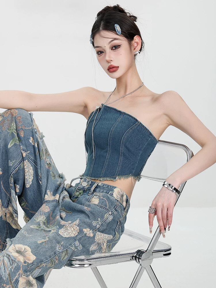 Áo hai dây denim kiểu Mỹ hè 2025 ABWEAR, thiết kế thời trang nữ, áo ngắn