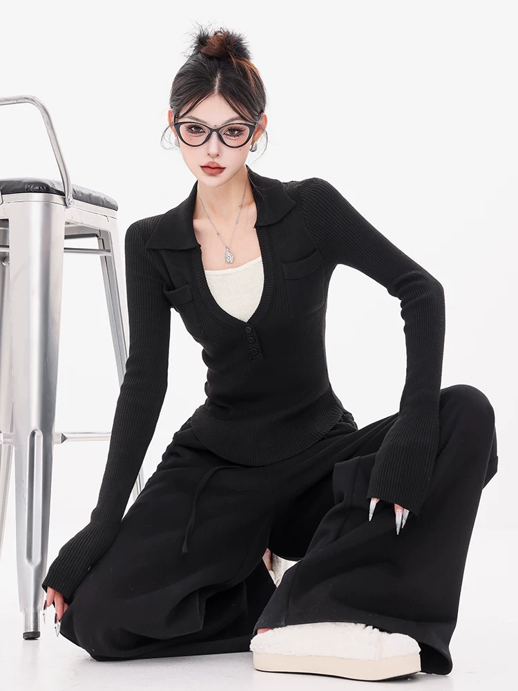 ABWEAR nguyên bản màu đen giả hai mảnh dệt kim dành cho nữ 2024 mới Áo sơ mi POLO dáng ôm vừa vặn áo dài tay