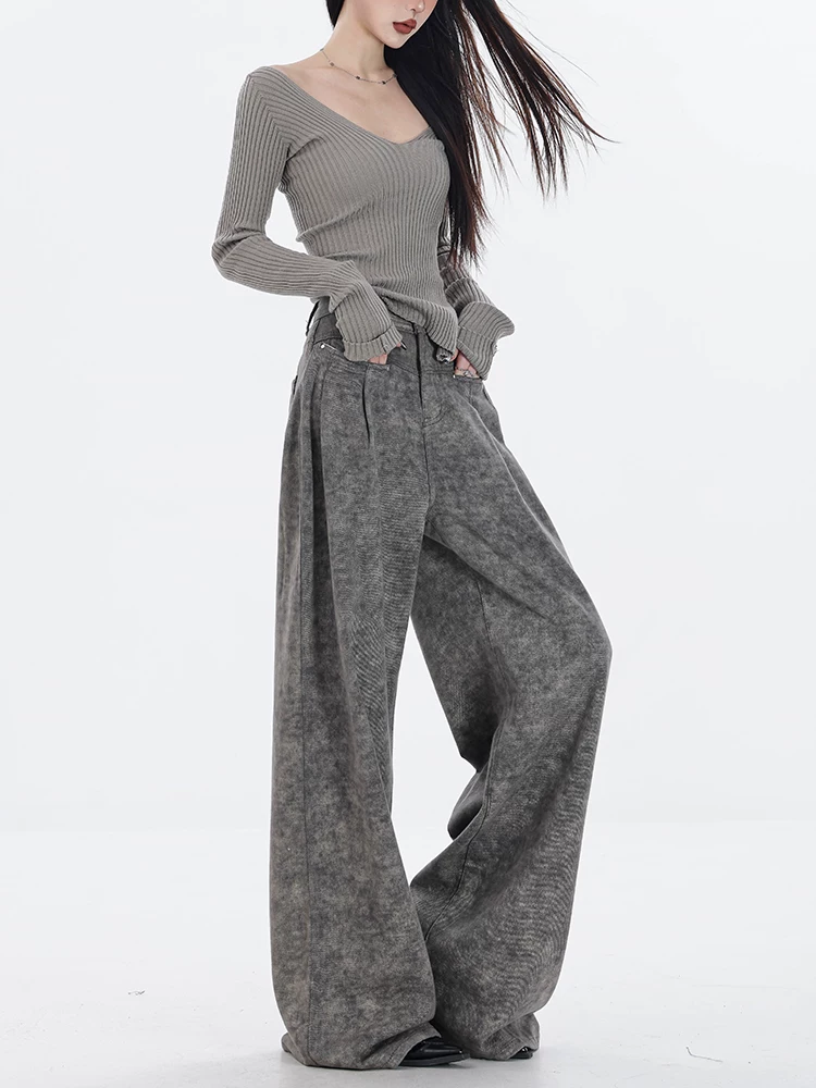 Quần jeans ống rộng lót lông màu xám mới Thu/Đông 2025 của ABWEAR dành cho nữ, kiểu dáng xuông rộng, cạp cao, phong cách thường ngày