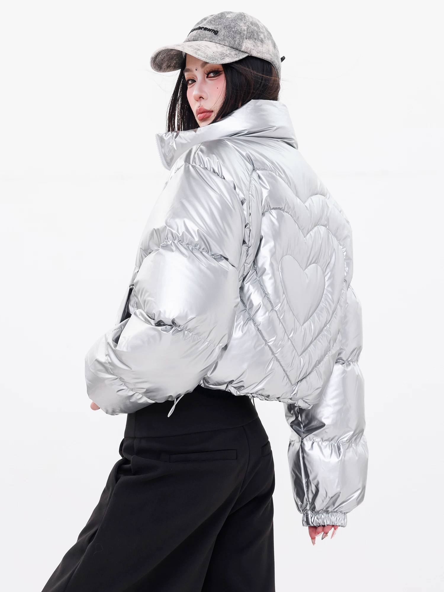 Áo khoác cotton ngắn phong cách kim loại hot girl ABWLR cổ đứng màu bạc dày dặn ấm áp áo khoác cao cấp