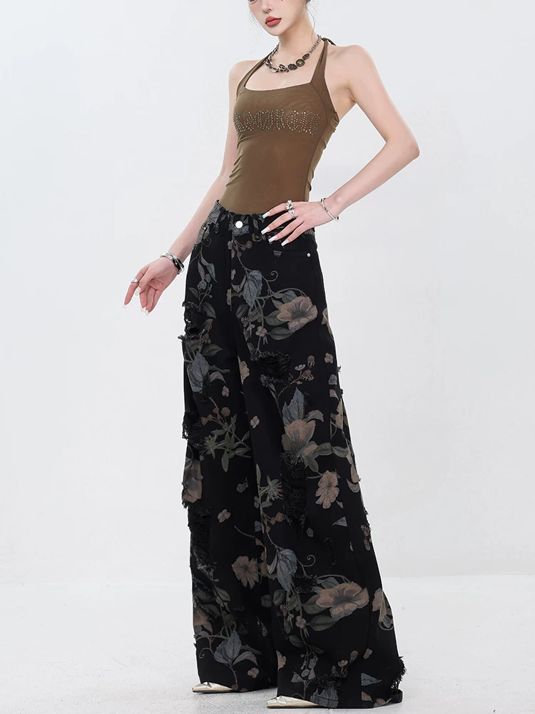 Quần jeans rách đen in họa tiết gốc ABWEAR dành cho nữ, kiểu dáng rộng thùng thình, dáng thẳng, ống rộng, mẫu mới 2024