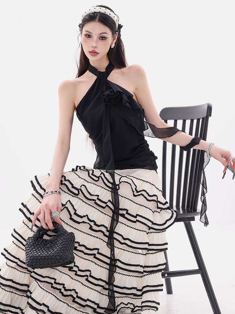 ABWEAR Rose Garden - Áo kiểu dáng không đều kiểu dáng nguyên bản có xếp ly hoa hồng dành cho nữ