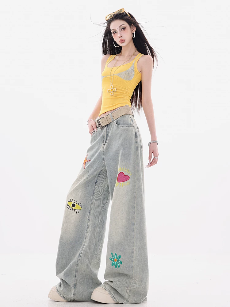 Quần jean thêu hoa văn màu xanh nhạt nguyên bản của ABWEAR dành cho nữ, thiết kế kiểu Mỹ, quần ống rộng thẳng