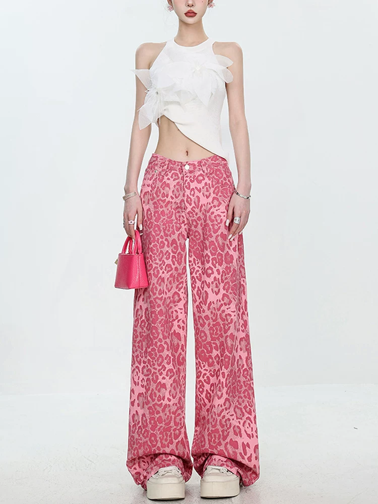 [Cửa hàng quần áo Bee] ABWEAR Pink Dopamine Vibe Quần jean ống đứng in họa tiết da báo mới