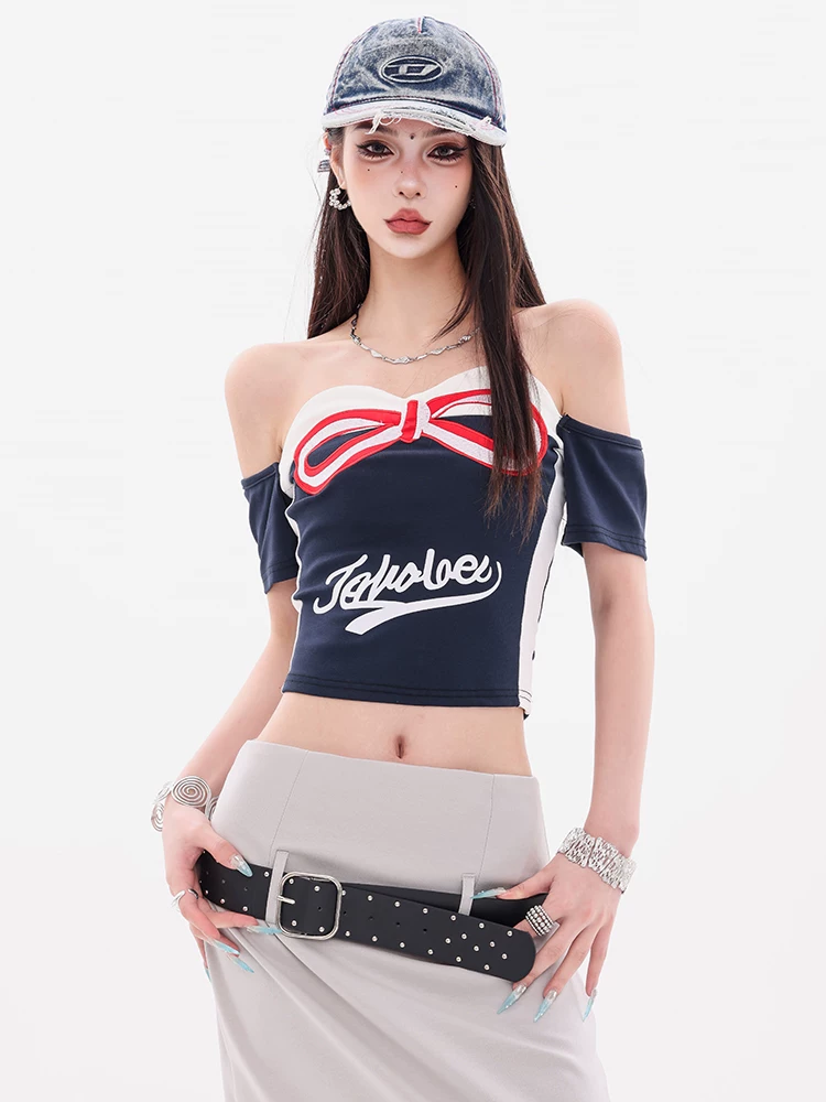 ABWEAR Sweet Contrast - Áo thun ngắn tay một vai có nơ nguyên bản dành cho nữ, dáng ôm, áo trễ vai