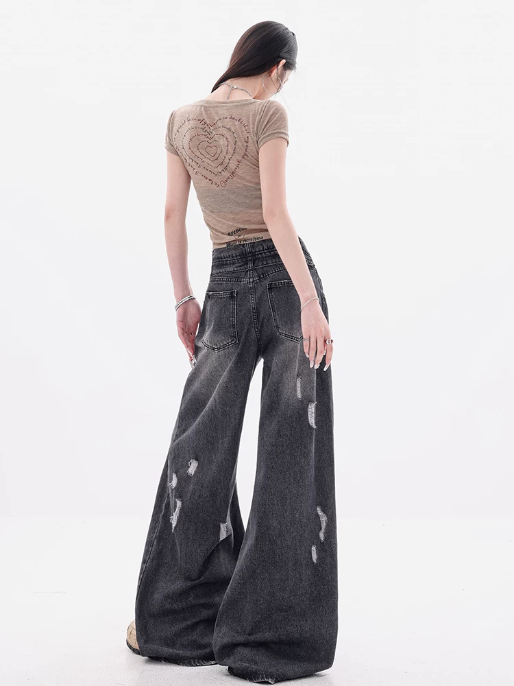 ABWEAR Sydney Coast - Quần jean rách có viền thêu đôi theo phong cách cổ điển của Mỹ dành cho nữ, quần ống rộng dáng rộng
