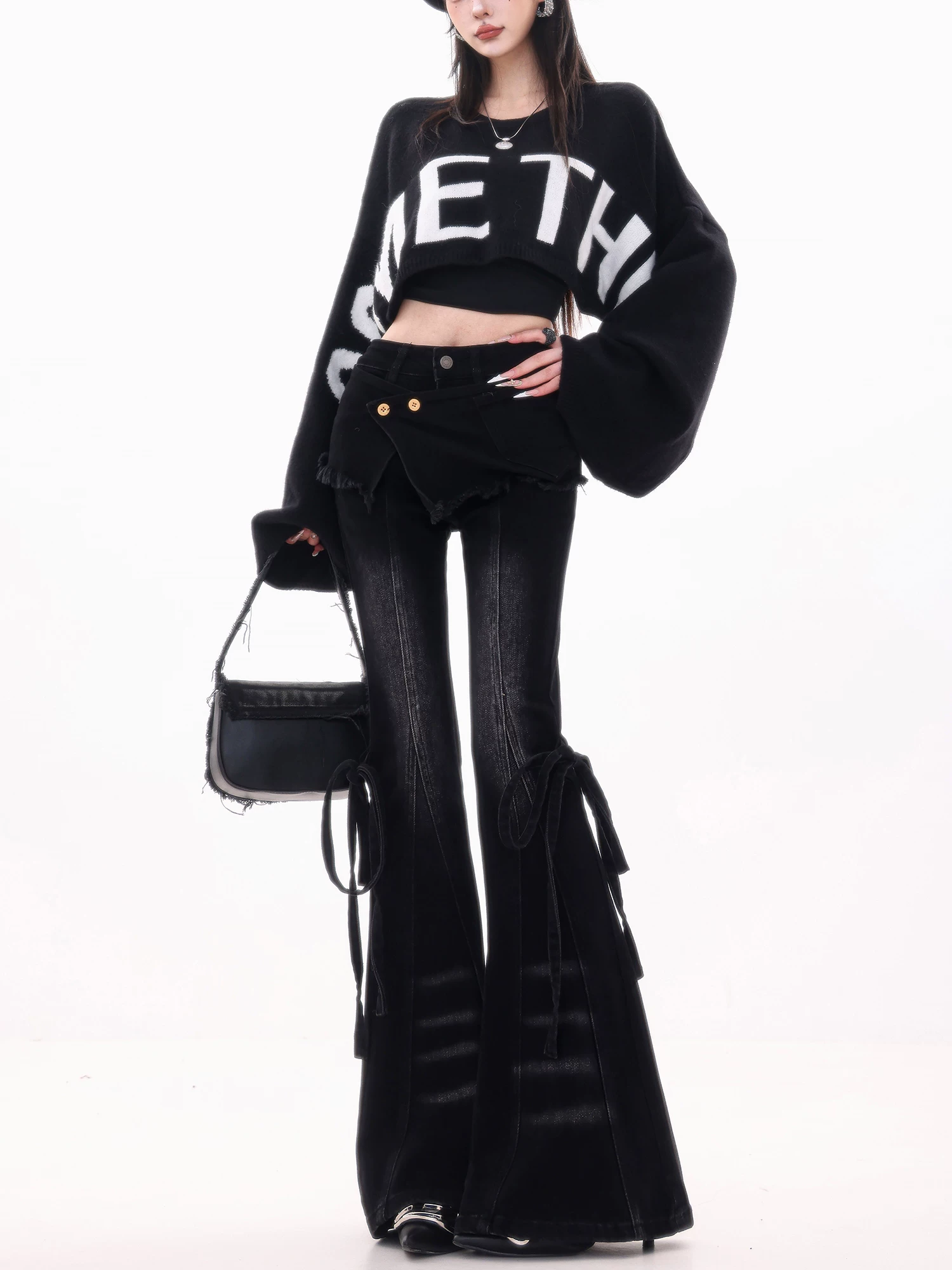 ABWLR Layered Party - Quần jean ống loe màu đen có lót lông cừu có nơ nguyên bản dành cho nữ, quần ống loe cạp cao giúp giảm béo