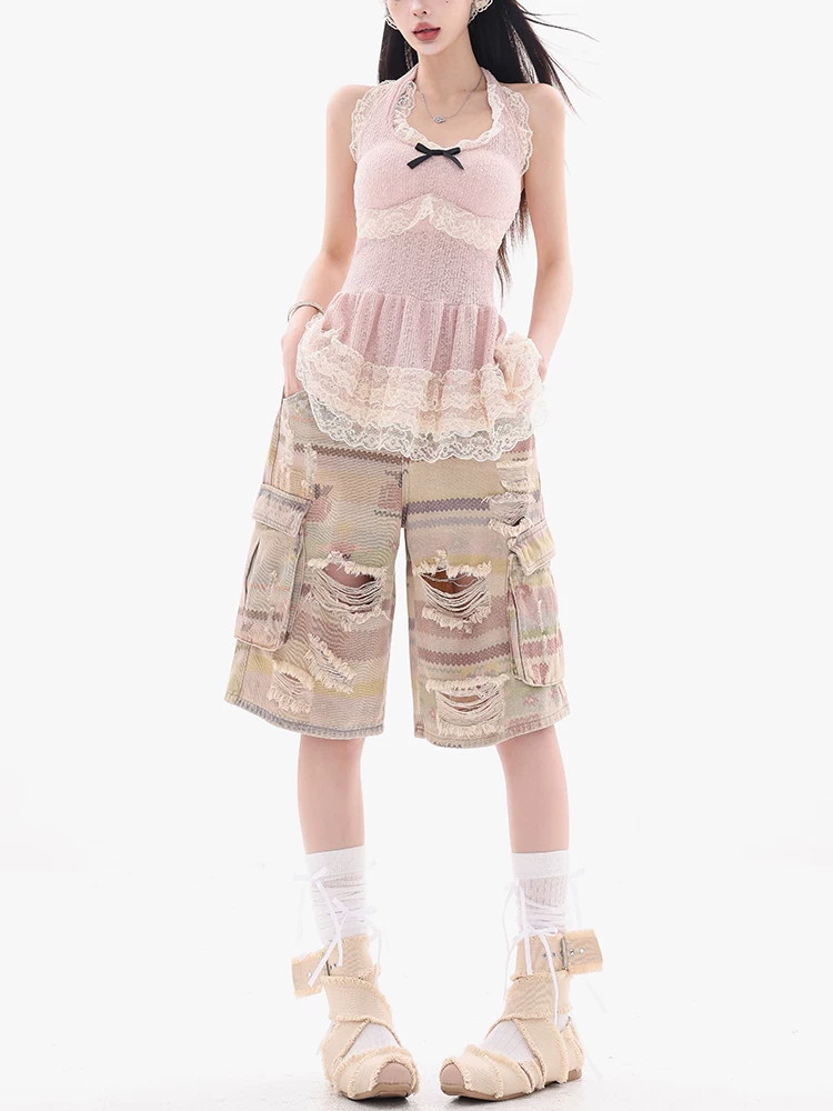 ABWEAR Wild Return - Quần short denim in họa tiết cũ kỹ nguyên bản dành cho nữ, quần short rộng ống rộng mùa hè