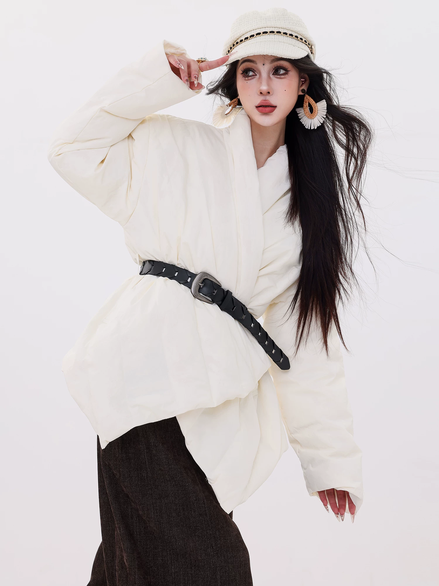 ABWLR Deep Winter Story - Áo khoác cổ chữ V thiết kế nguyên bản dành cho nữ, dài vừa phải có thắt lưng, áo khoác phong cách sang trọng nhẹ nhàng