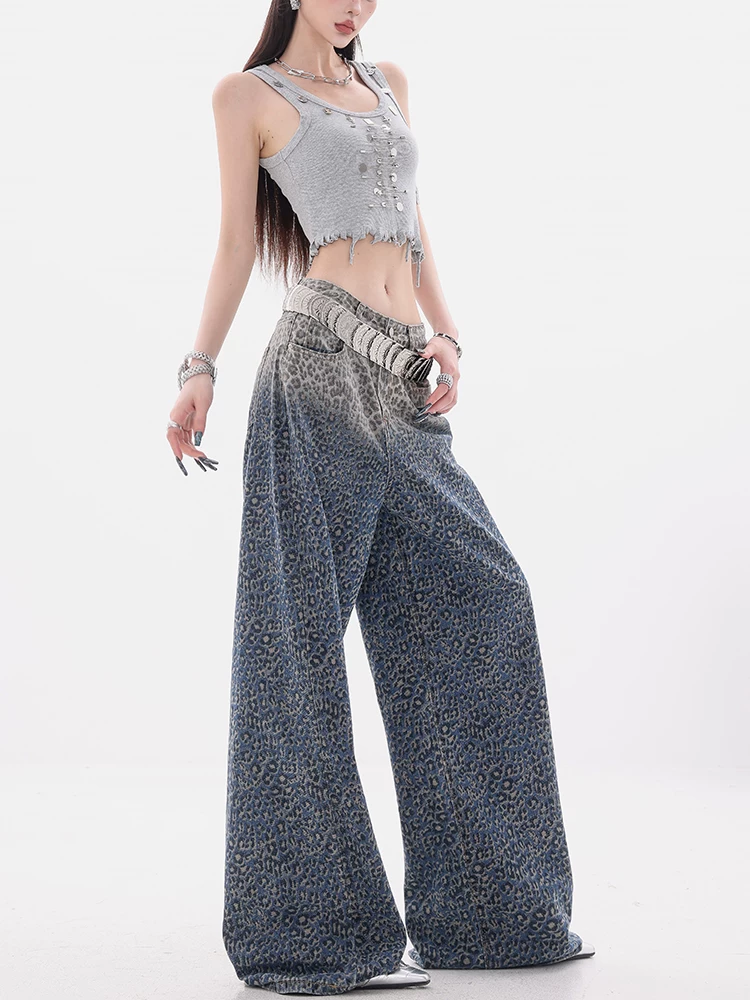 ABWEAR Họa Tiết Da Báo Jungle-Original Retro gradient Sequin Quần Jean Họa Tiết Da Báo Nữ Mùa Hè Quần Ống Rộng