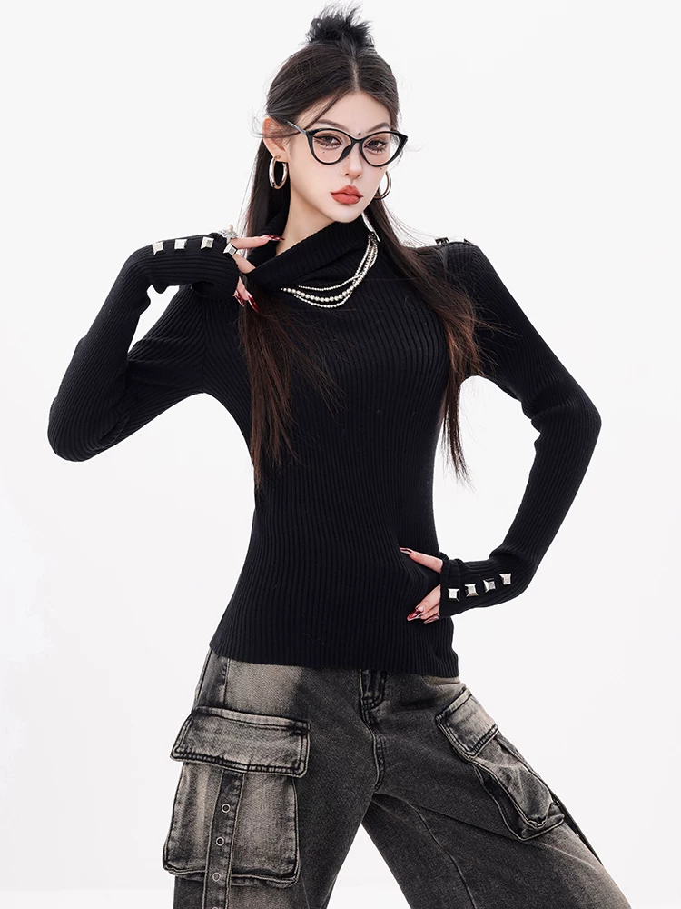 ABWEAR Silver Wing Hunter-Áo dệt kim cổ lọ màu đen nguyên bản dành cho nữ 2024 áo dài tay dáng ôm vừa vặn mới