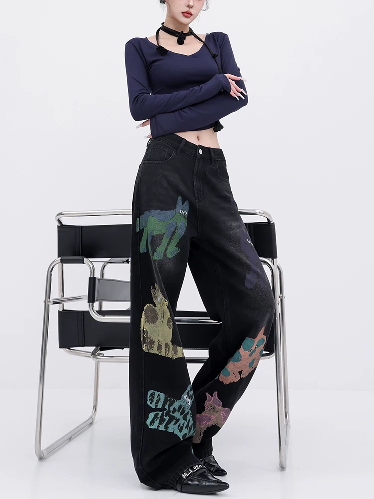 ABWEAR Quirky Player - Quần jean graffiti màu đen nguyên bản dành cho nữ Quần ống rộng họa tiết mèo hoạt hình đầu thu Quần ống thẳng