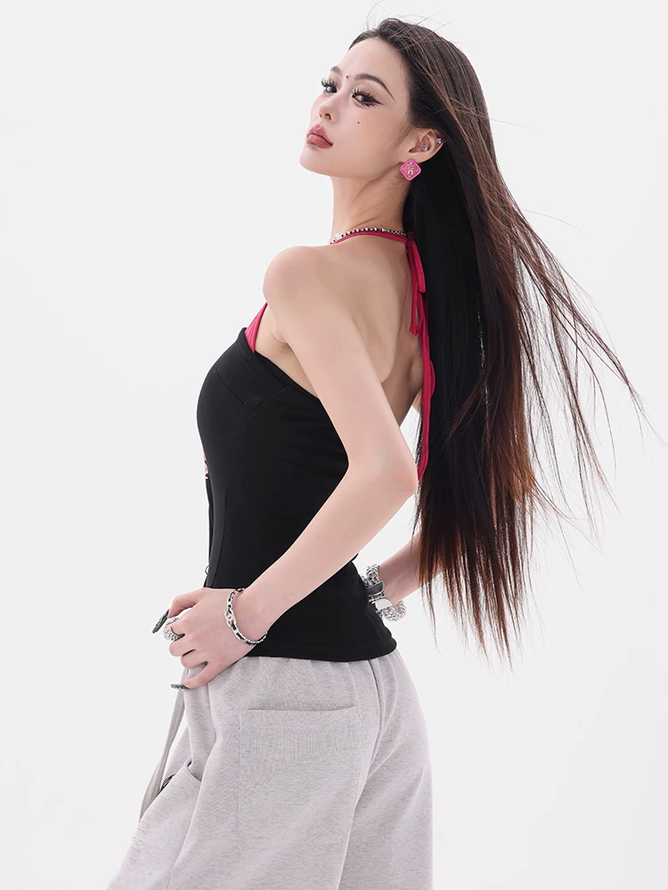 ABWEAR Cuộc sống hàng ngày dễ thương - Áo yếm thiết kế giả hai mảnh in hình chó con nguyên bản dành cho nữ Áo ôm eo vừa vặn