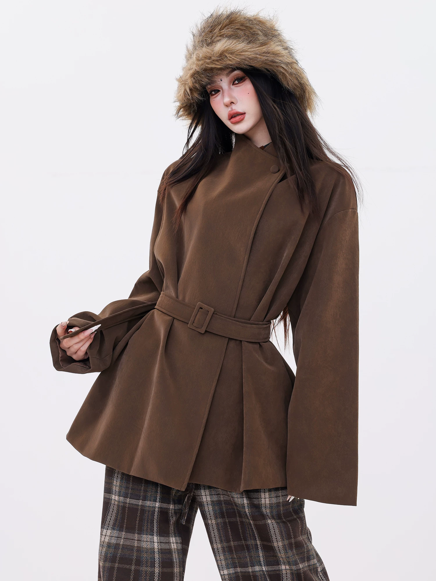 ABWLR Modern Autumn - Áo khoác da lộn cổ đứng cổ điển nguyên bản dành cho nữ, phong cách thu đông mới, áo khoác ôm eo cao cấp