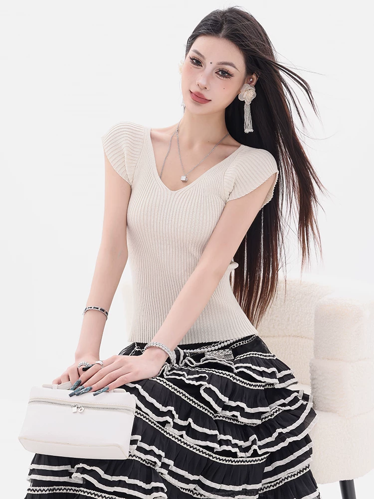 Quy tắc giản dị của ABWEAR - Áo thun ngắn tay dệt kim phong cách lười biếng nguyên bản dành cho nữ