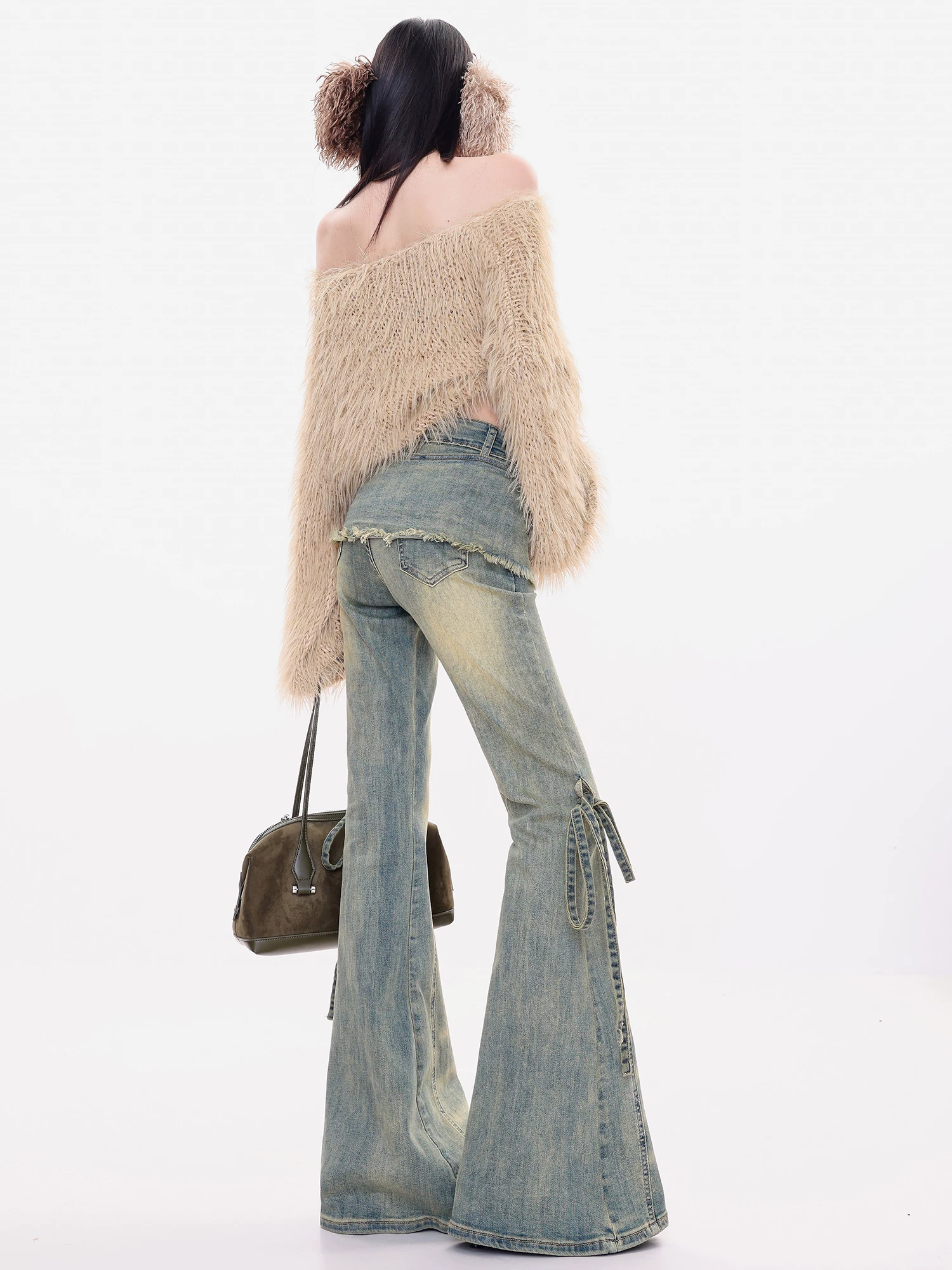Quần Jeans ABWLR Layered Party - Quần Jeans Vintage Giặt Mài Nguyên Bản Cho Nữ, Cạp Cao, Lót Lông Cừu, Dáng Quần hơi loe
