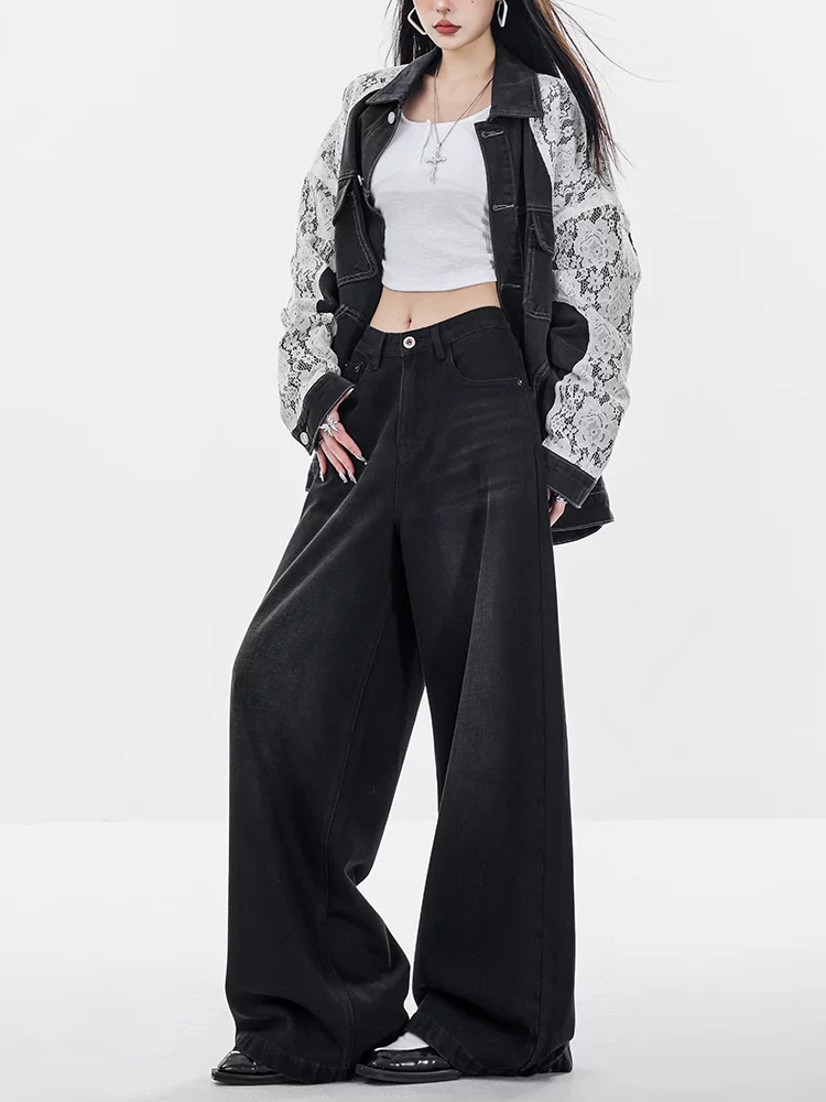 Quần jeans ống rộng màu đen thu đông ABWEAR dành cho nữ 2025, kiểu dáng mới, rộng rãi, dài chấm đất, dáng thẳng