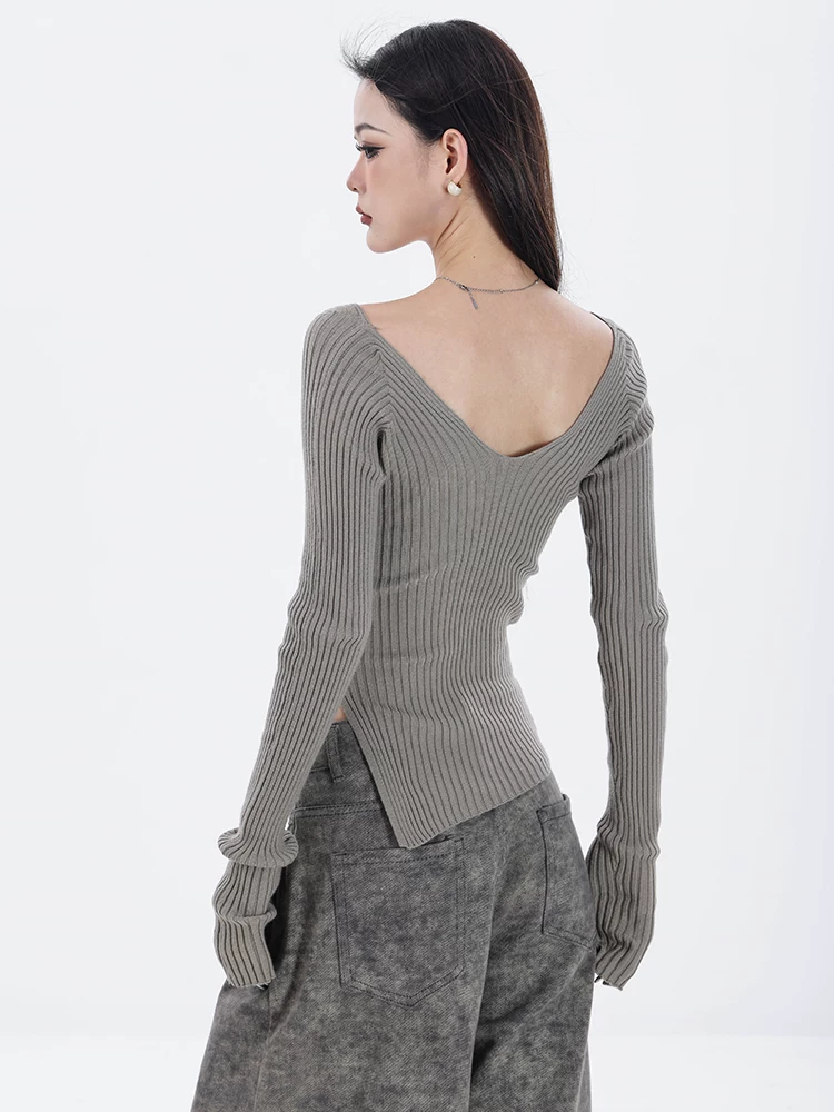 ABWAER Elegant Focus - Áo len trễ vai mùa thu nguyên bản dệt kim nữ tính