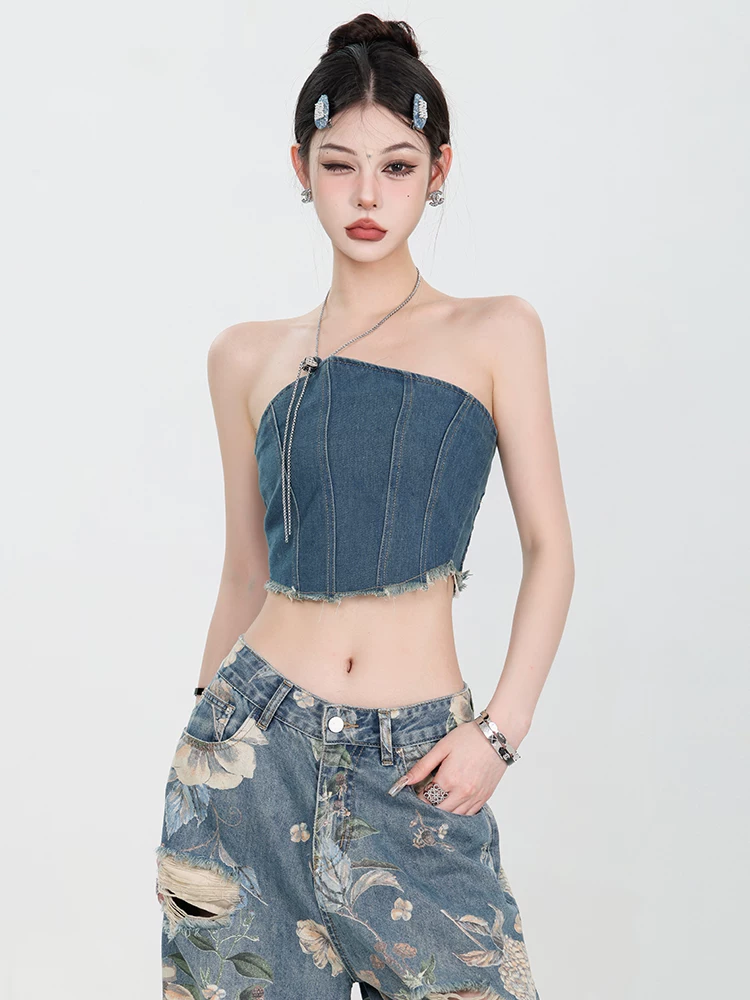 Áo hai dây denim kiểu Mỹ hè 2025 ABWEAR, thiết kế thời trang nữ, áo ngắn