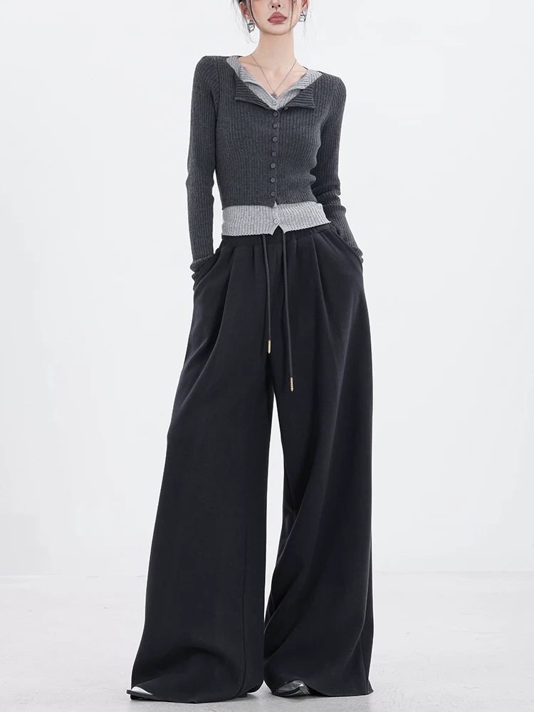 ABWEAR Comfort Guide - Quần ống rộng dày lót lông cừu màu xám nguyên bản dành cho nữ 2023 Phong cách mới dáng rộng ống thẳng