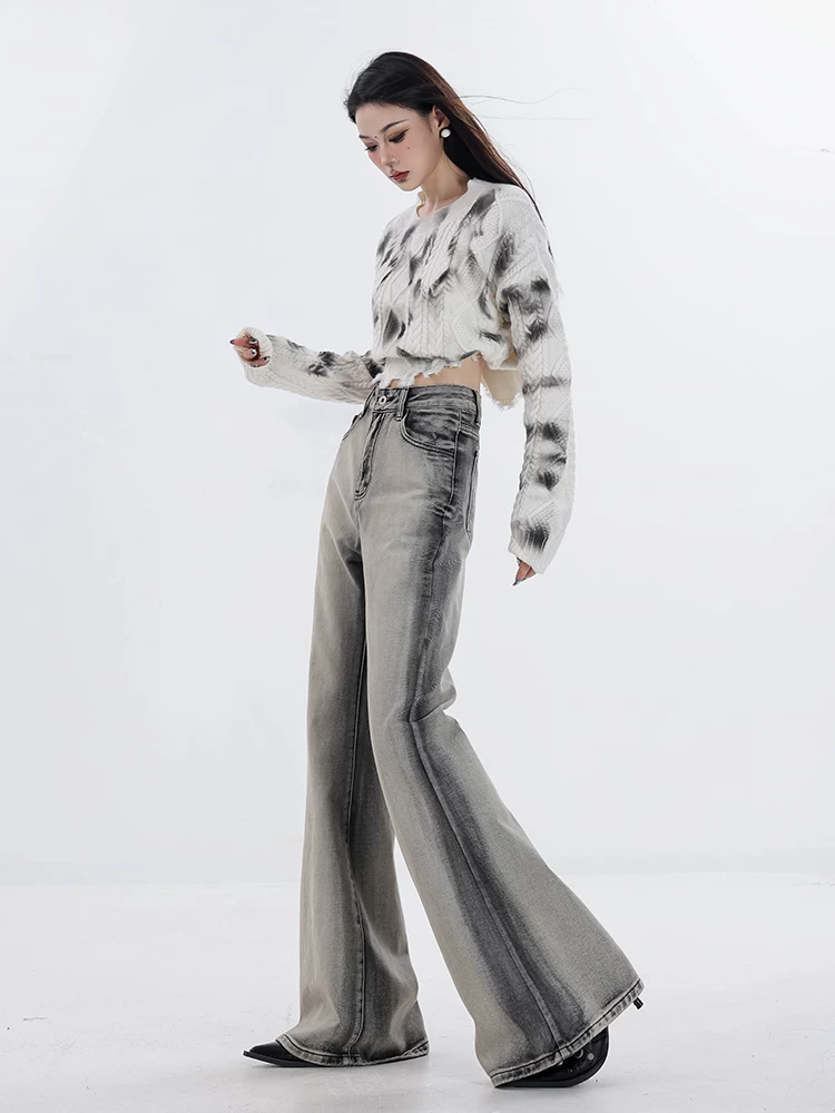 ABWAER Between the Real and the Illusory - Quần jean viền loe kiểu dáng ôm sát, màu ombre, chất liệu denim đã qua xử lý, dành cho nữ, kiểu dáng ôm sát, màu ombre