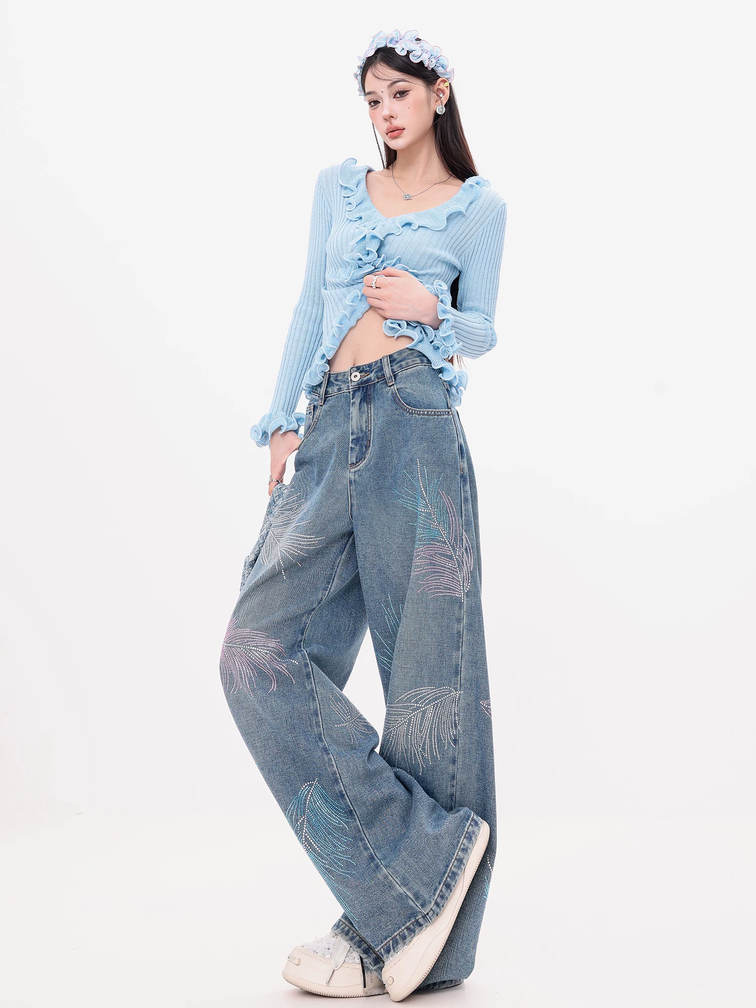 ABWEAR Dazzling Galaxy - Quần jean ống thẳng đính đá nhiều màu sắc nguyên bản dành cho nữ, quần ống rộng dáng rộng đính đá hình chiếc lá