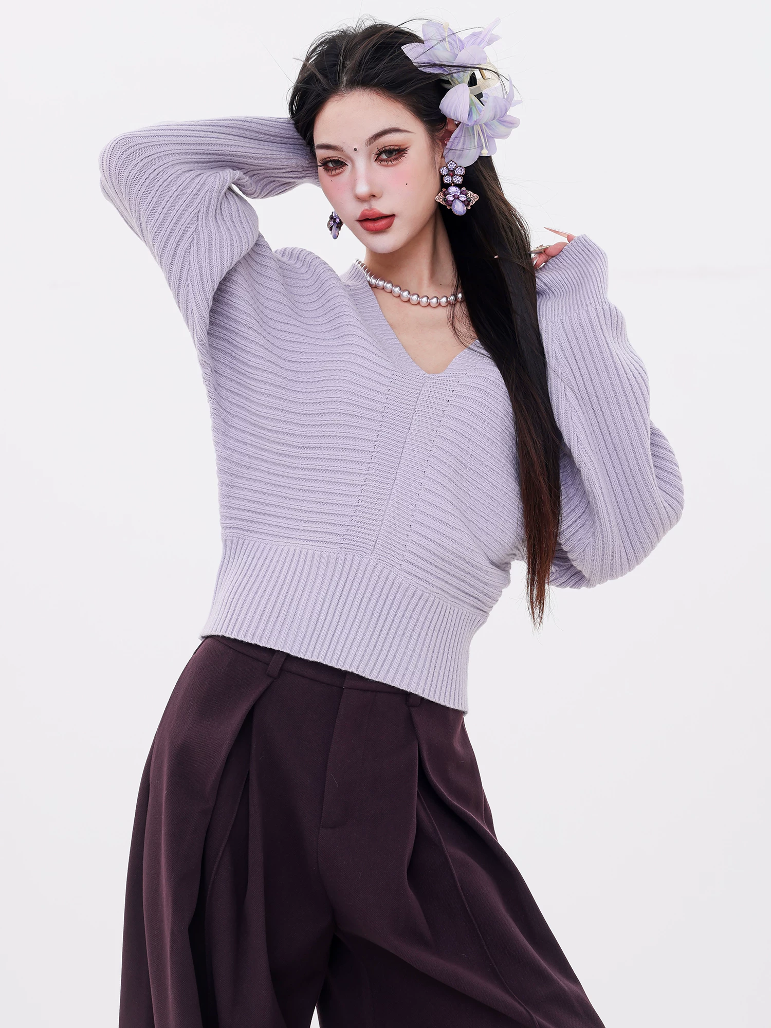 ABWLR Cinderella - Áo len dệt kim cổ chữ V kiểu Pháp nguyên bản dành cho nữ, dáng ôm, áo đa năng