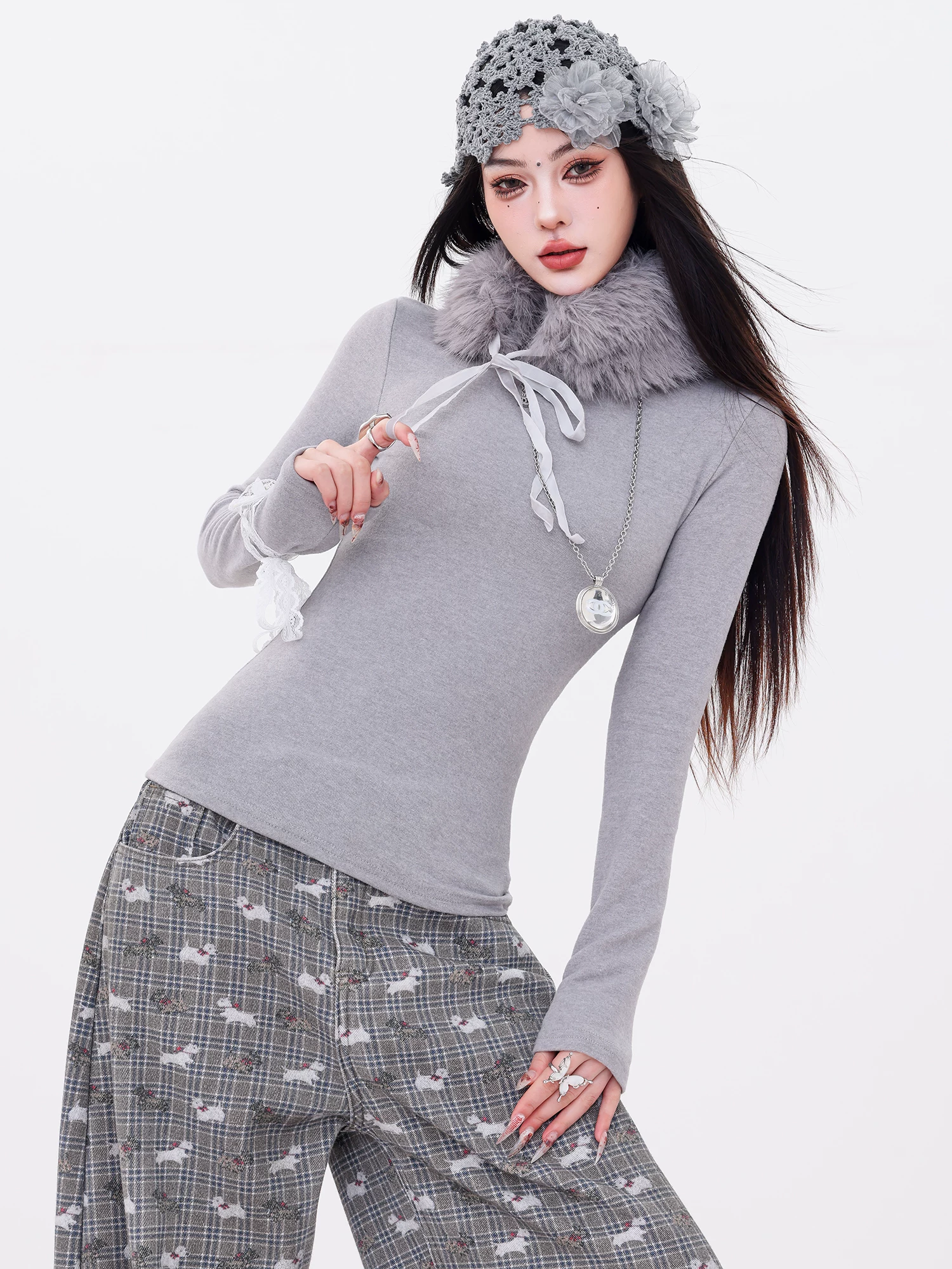 ABWLR Winter Elf - Áo len dệt kim dài tay có cổ lông thú nguyên bản dành cho nữ, áo sơ mi cơ bản ôm eo vừa vặn