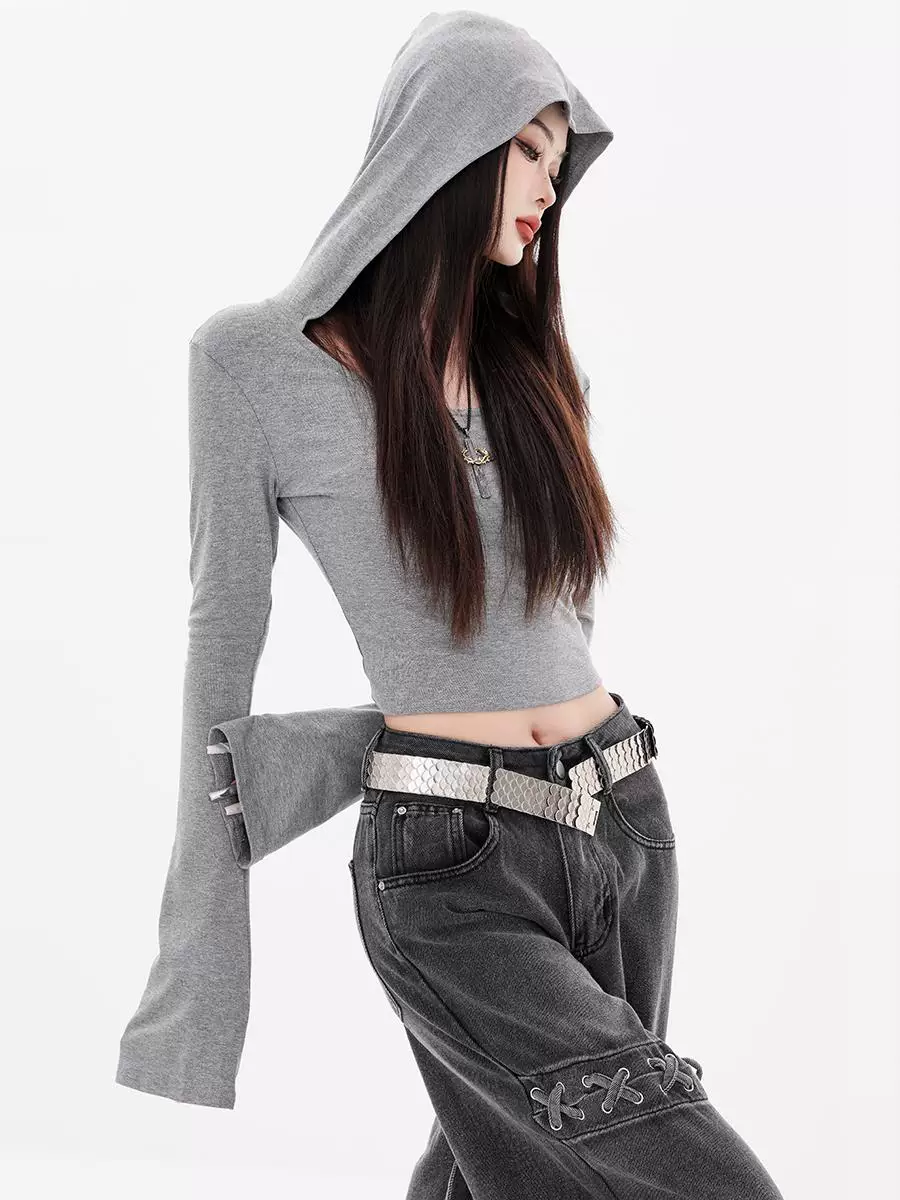 ABWEAR Bard - Áo thun dài tay có mũ trùm đầu màu xám nguyên bản dành cho nữ, áo ngắn dáng ôm mới đầu mùa thu