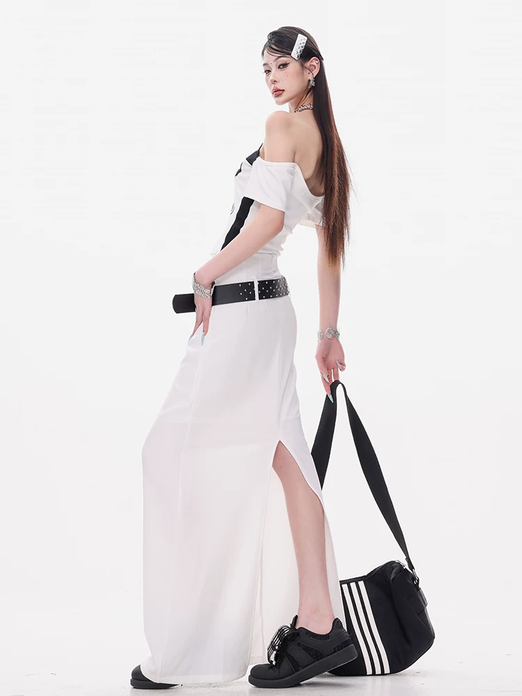 ABWEAR Modern Night - Váy trắng nguyên bản dành cho nữ, phong cách mùa thu mới, dáng ôm, váy dài ôm hông có thắt lưng