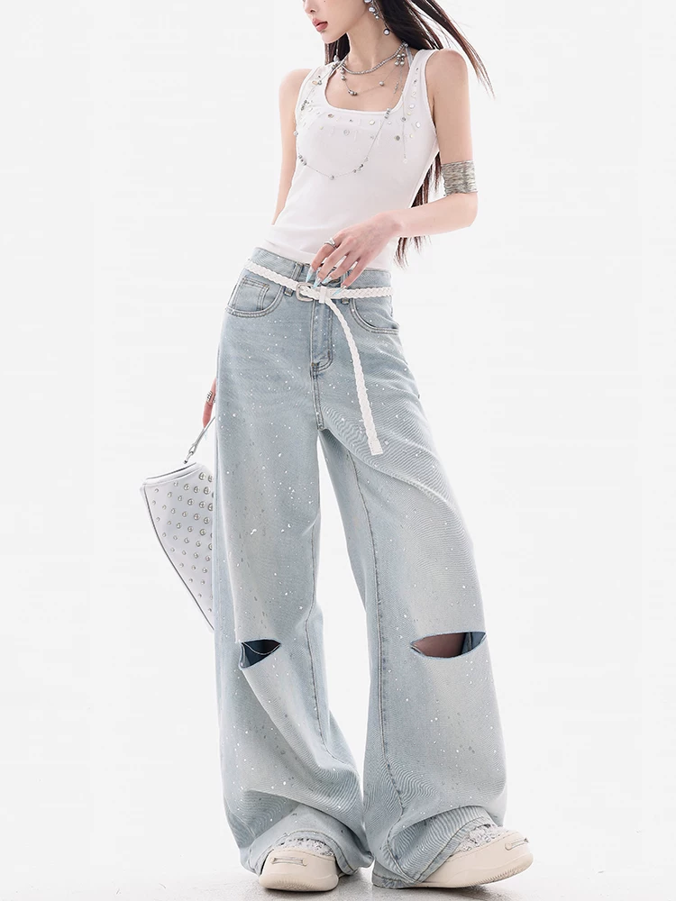 ABWEAR Ice Blue Summer - Quần jean rách đính đá màu xanh nhạt nguyên bản dành cho nữ, lưng cao, giảm béo, quần ống rộng rộng rãi