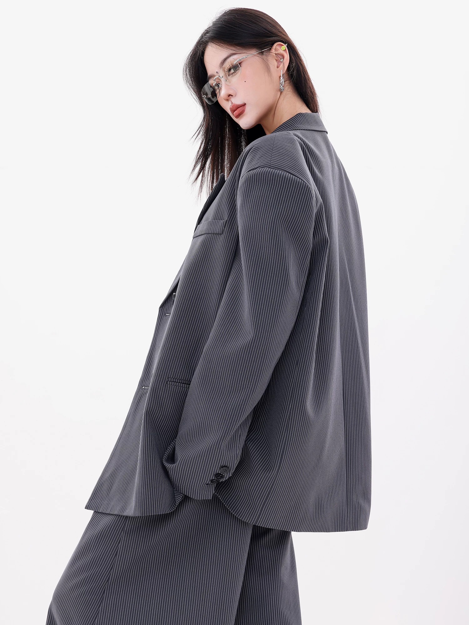 ABWLR Art Editor - Bộ đồ hai mảnh có áo khoác blazer sọc nguyên bản dành cho nữ, dáng rộng, đa năng, phong cách thường ngày