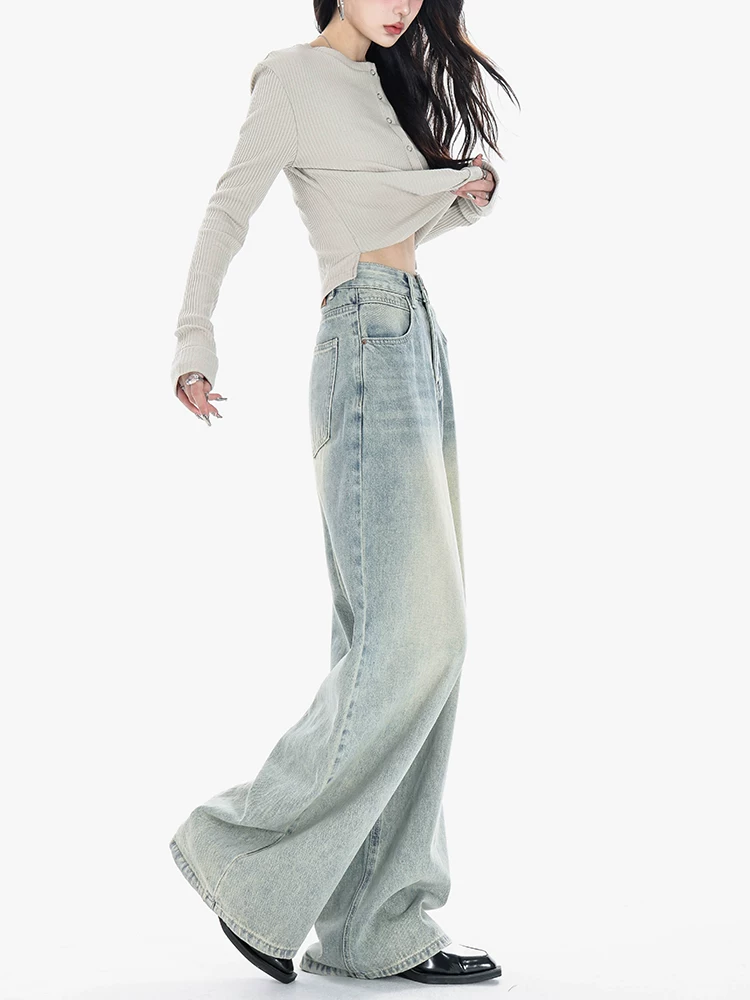 Quần jean ống rộng màu xanh lam ABWEAR đầu thu mới được giặt sạch dành cho nữ với thiết kế rách, quần dài ống thẳng dài đến sàn