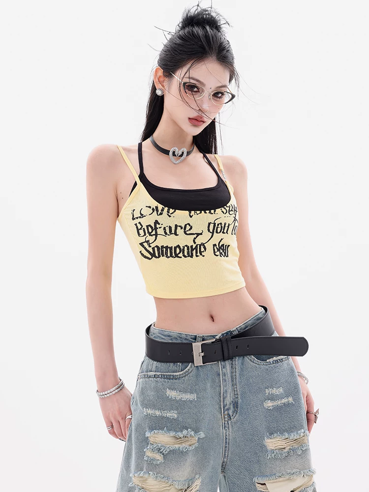 ABWEAR Summer Love - Áo ống hai dây kiểu Mỹ nguyên bản, áo vest giả hai mảnh, áo không tay ôm sát dành cho nữ