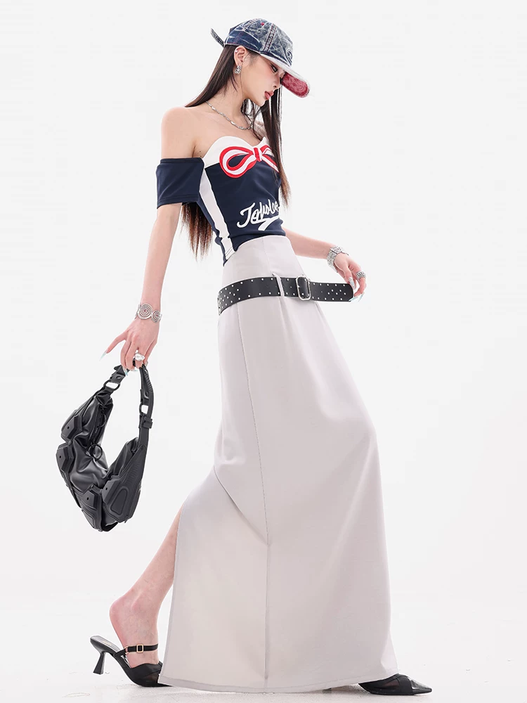 ABWEAR Modern Night - Váy xếp nếp màu xám nguyên bản dành cho nữ, Váy dài dáng rộng mùa thu mới có thắt lưng