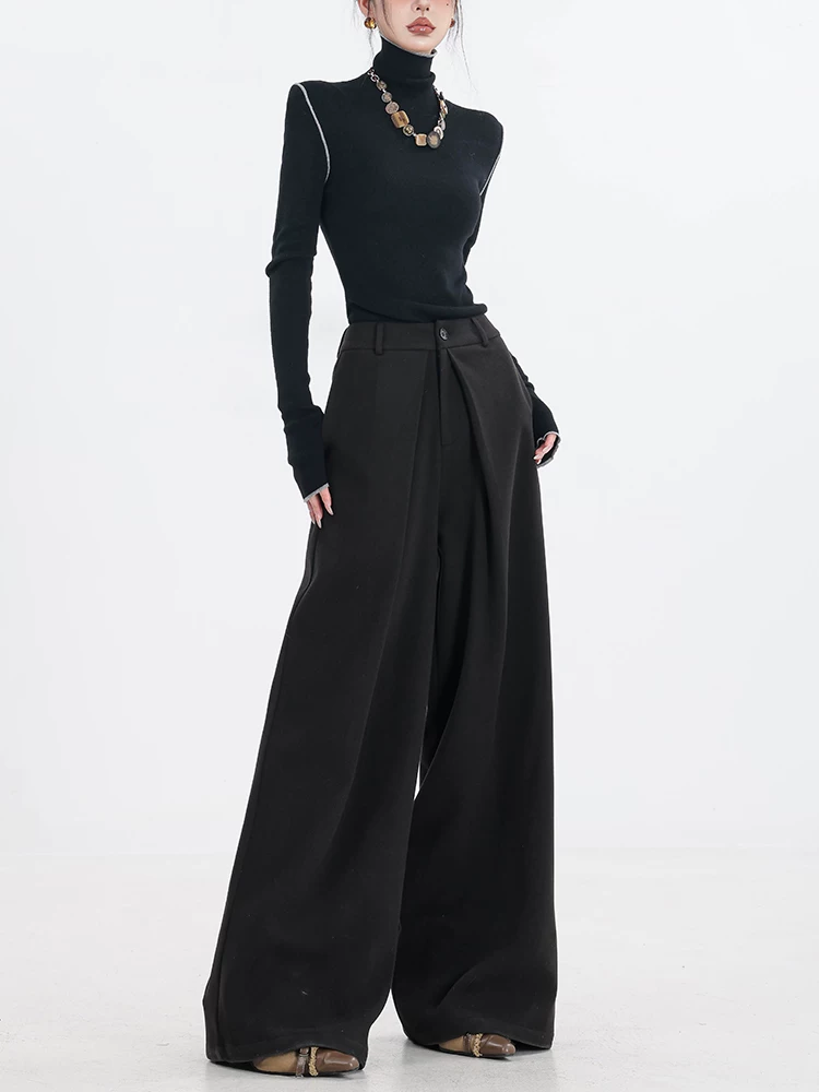 ABWEAR Urban Stroll - Quần ống rộng dày màu đen mùa thu đông Quần ống rộng dáng rộng xếp ly thiết kế quần âu
