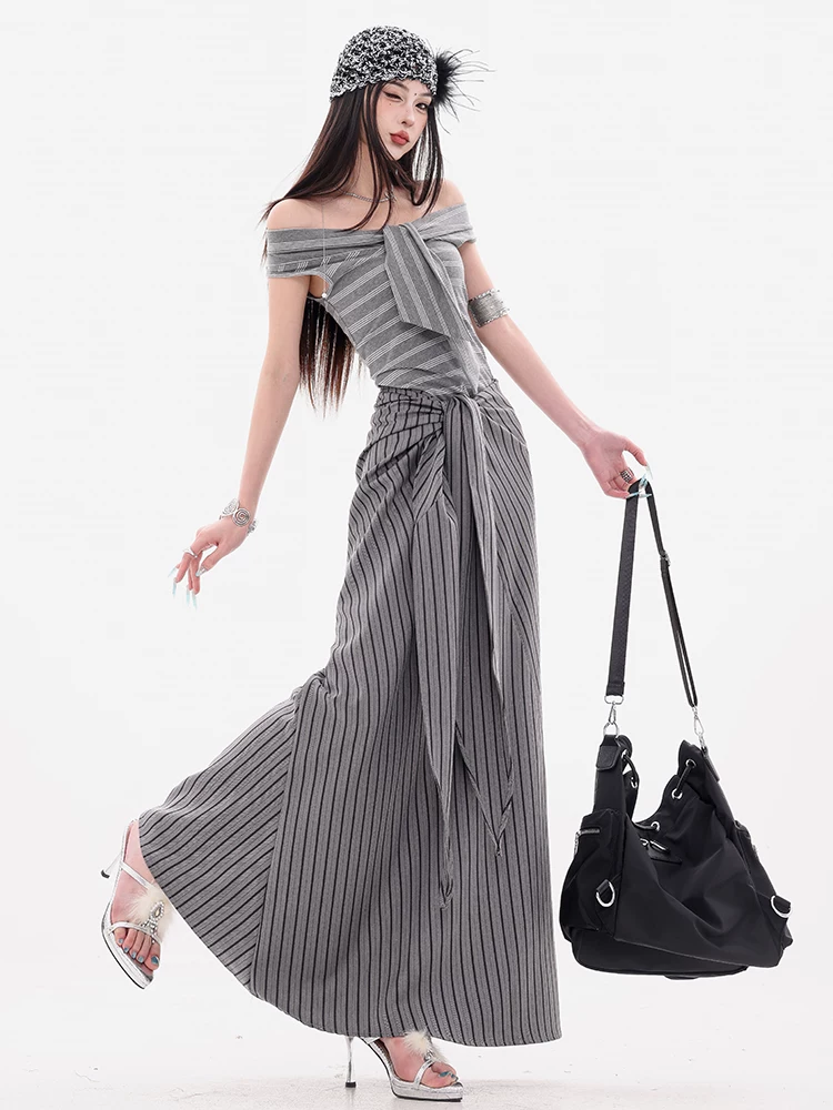 ABWEAR Váy chắp vá sọc phong cách Anh quốc dành cho nữ, váy dài buộc dây dáng rộng mới cho mùa thu